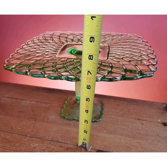 3 LE Smith & Rose Trellis Green Glass Square Pedestal Cake Stands Handmade USA - Picture 6 of 16